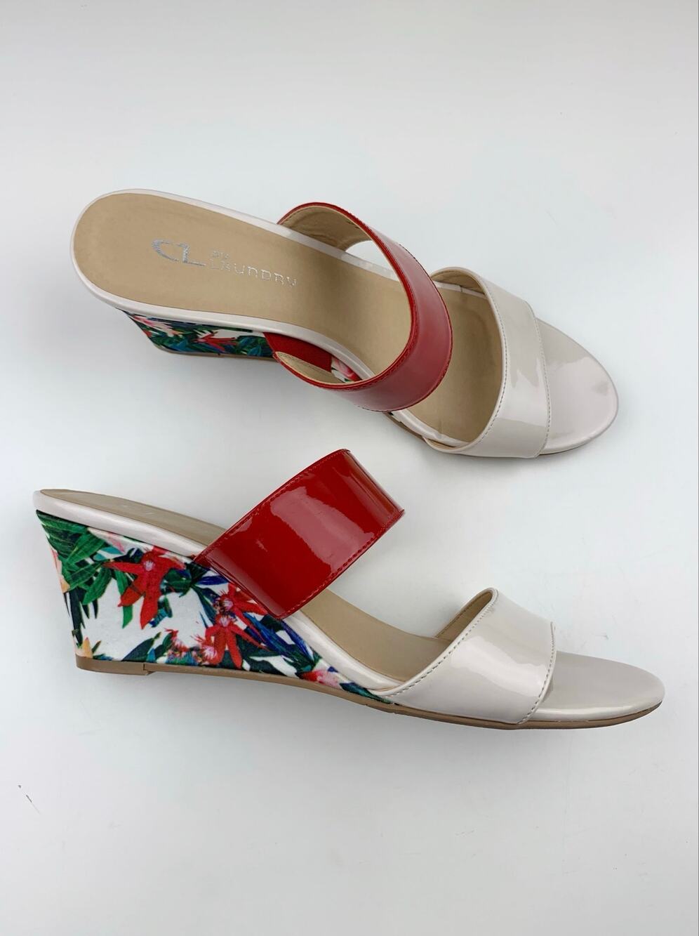 CL by Chinese Laundry Floral Wedge Sandals Red Cream Heels Slip On Women's 9